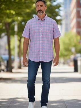 Faherty Brand Plaid Cotton Blue & Pink Short Sleeve Button Front Shirt Size M!